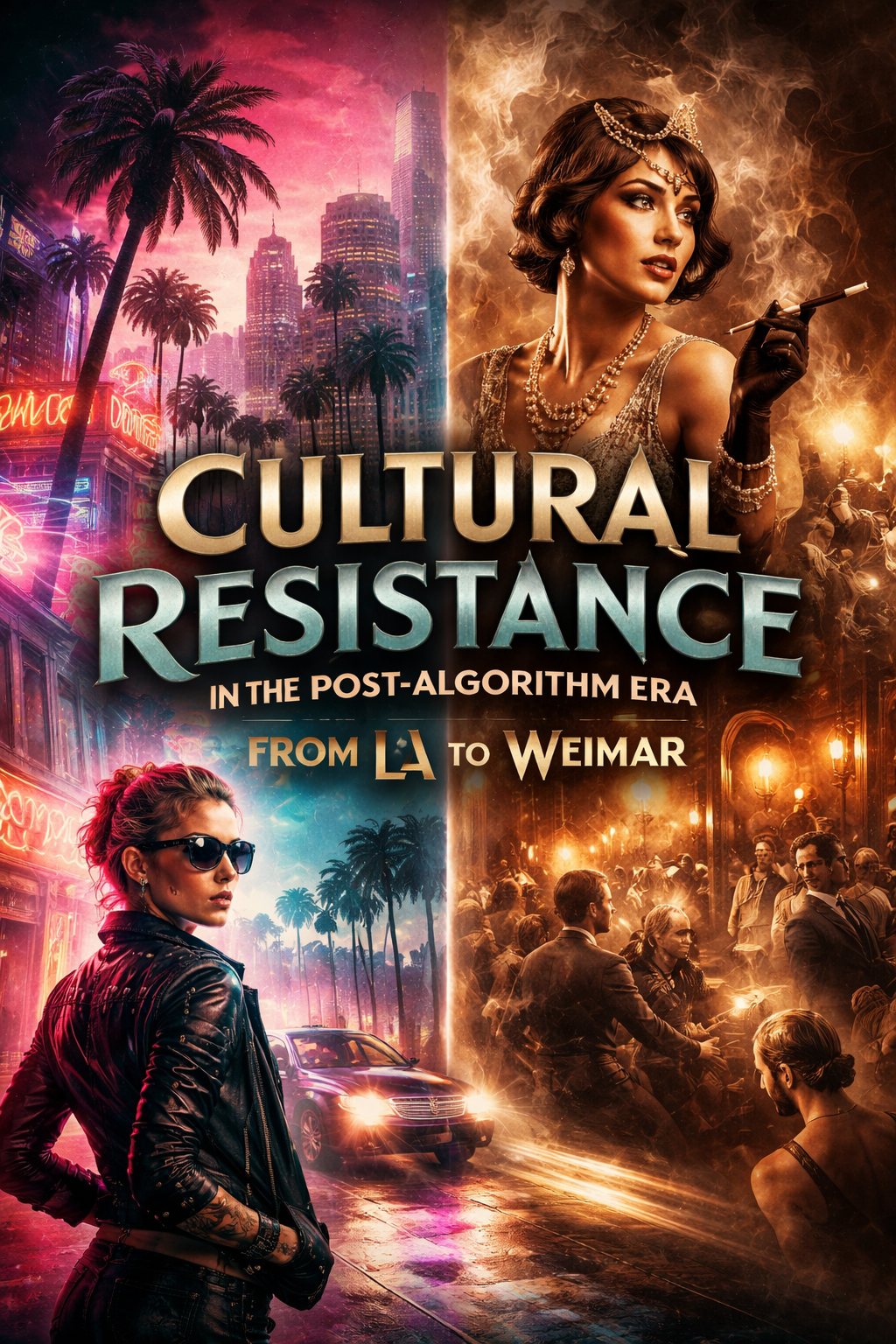 AI-generated visual exploring cultural resistance between Los Angeles and Weimar — a dialogue between history and the algorithm.